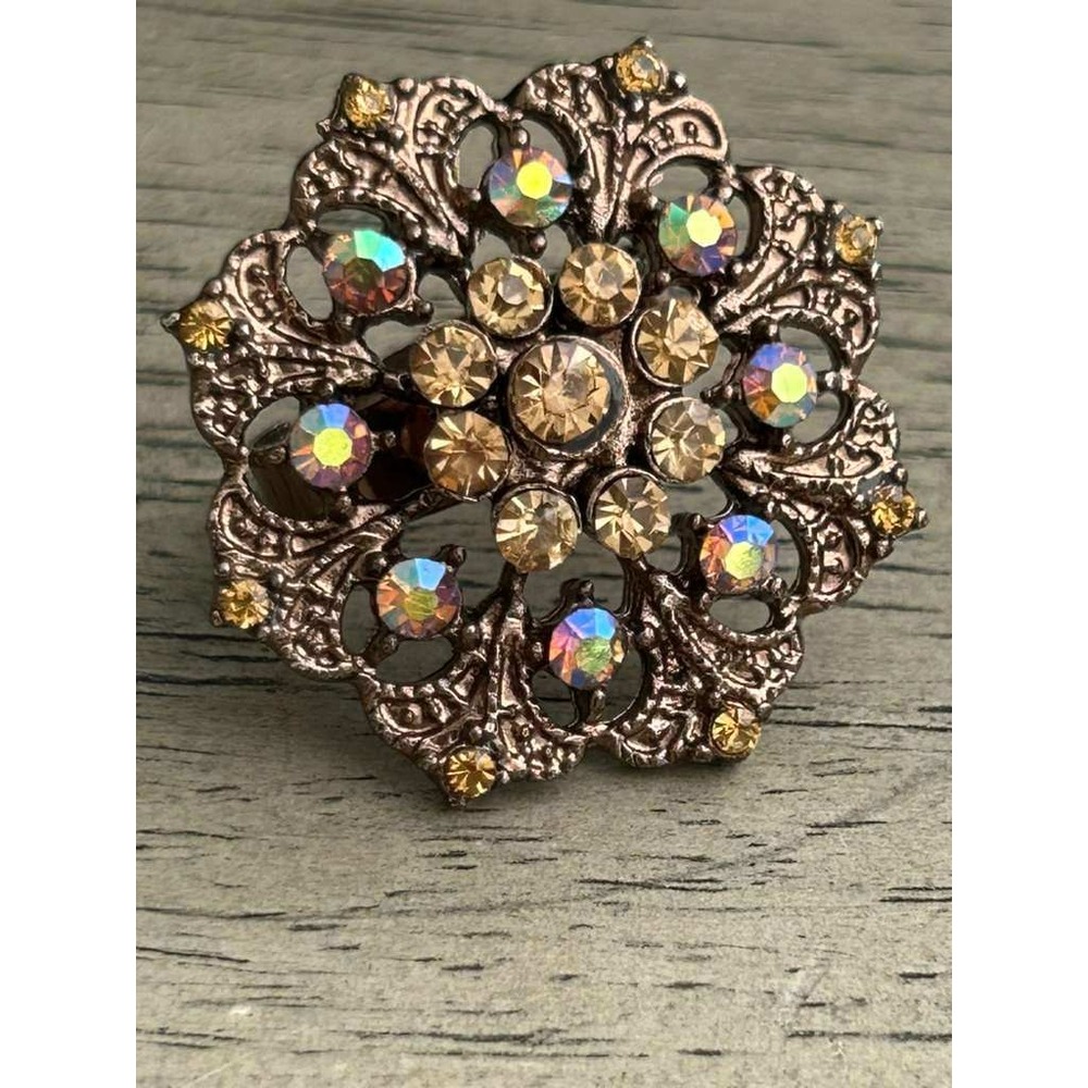 Vintage‎ Style Bronze Tone Rhinestone AB Crystal Filigree Flower Adjustable Ring